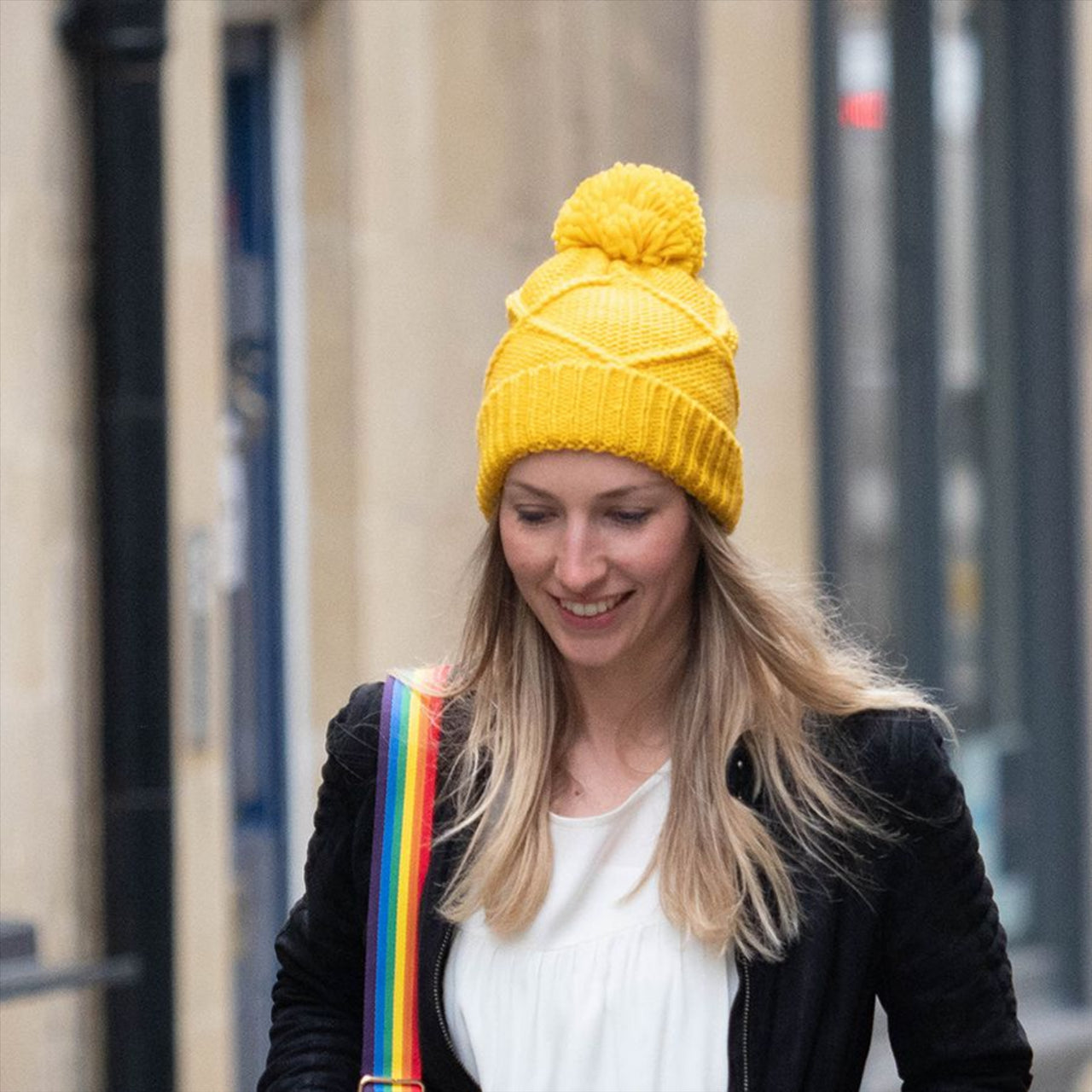 POM Trellis Knit Bobble Hat | Bright Yellow