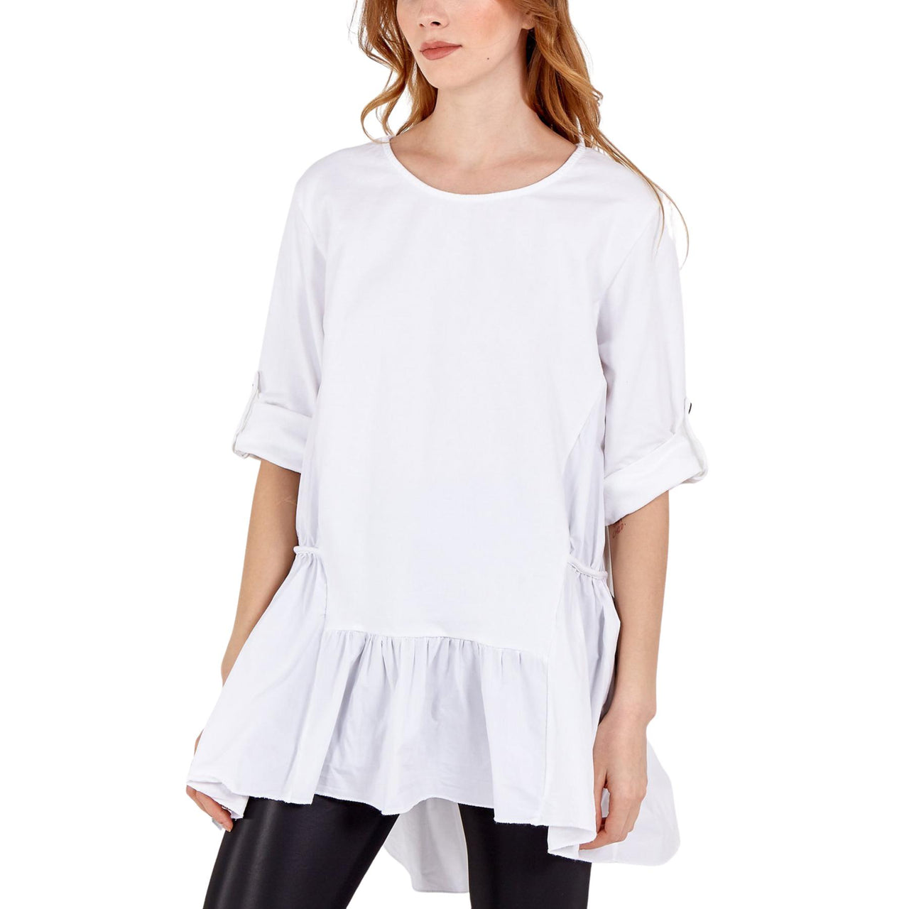 Sofia Frill Hem Button Sleeve Top | White | One Size