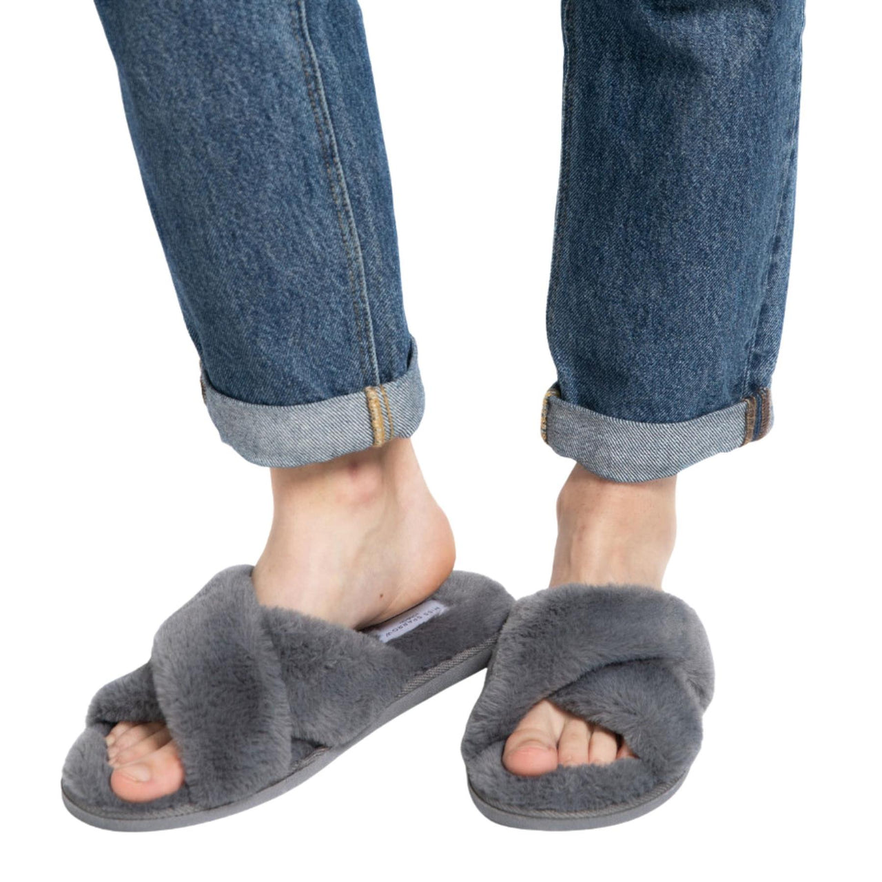 Miss Sparrow Faux Fur Cross Over Slippers | Charcoal