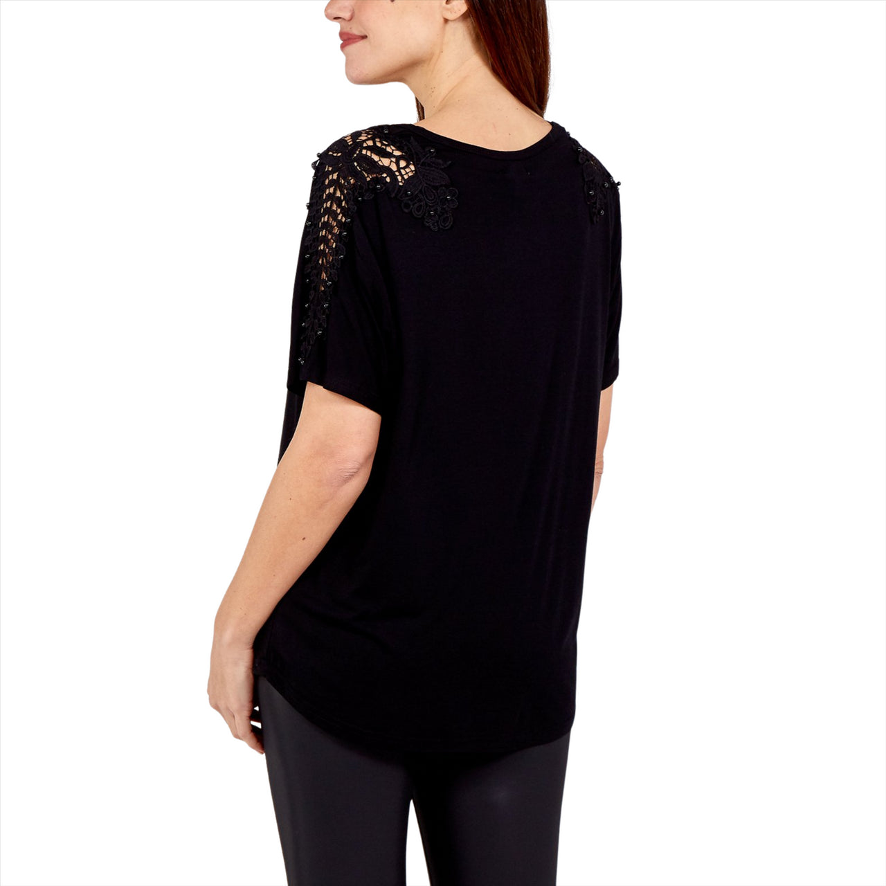 Zoe Lace and Stud Short Sleeve Top | Black