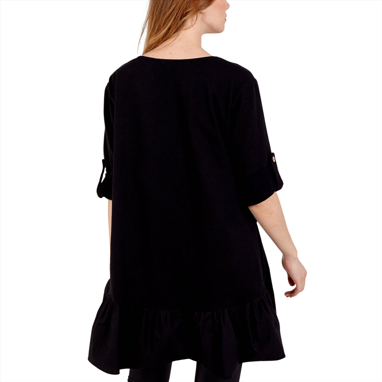 Sofia Frill Hem Button Sleeve Top | Black | One Size