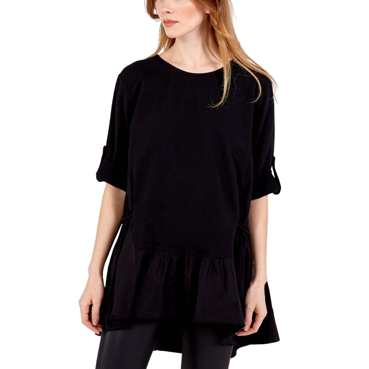 Sofia Frill Hem Button Sleeve Top | Black | One Size