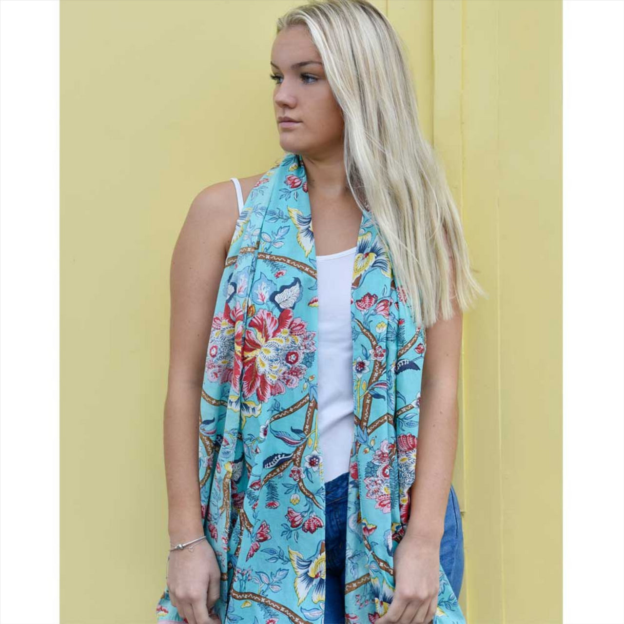 Blue Orchid Scarf with Pink Pom-Pom Trim | Blue | One Size
