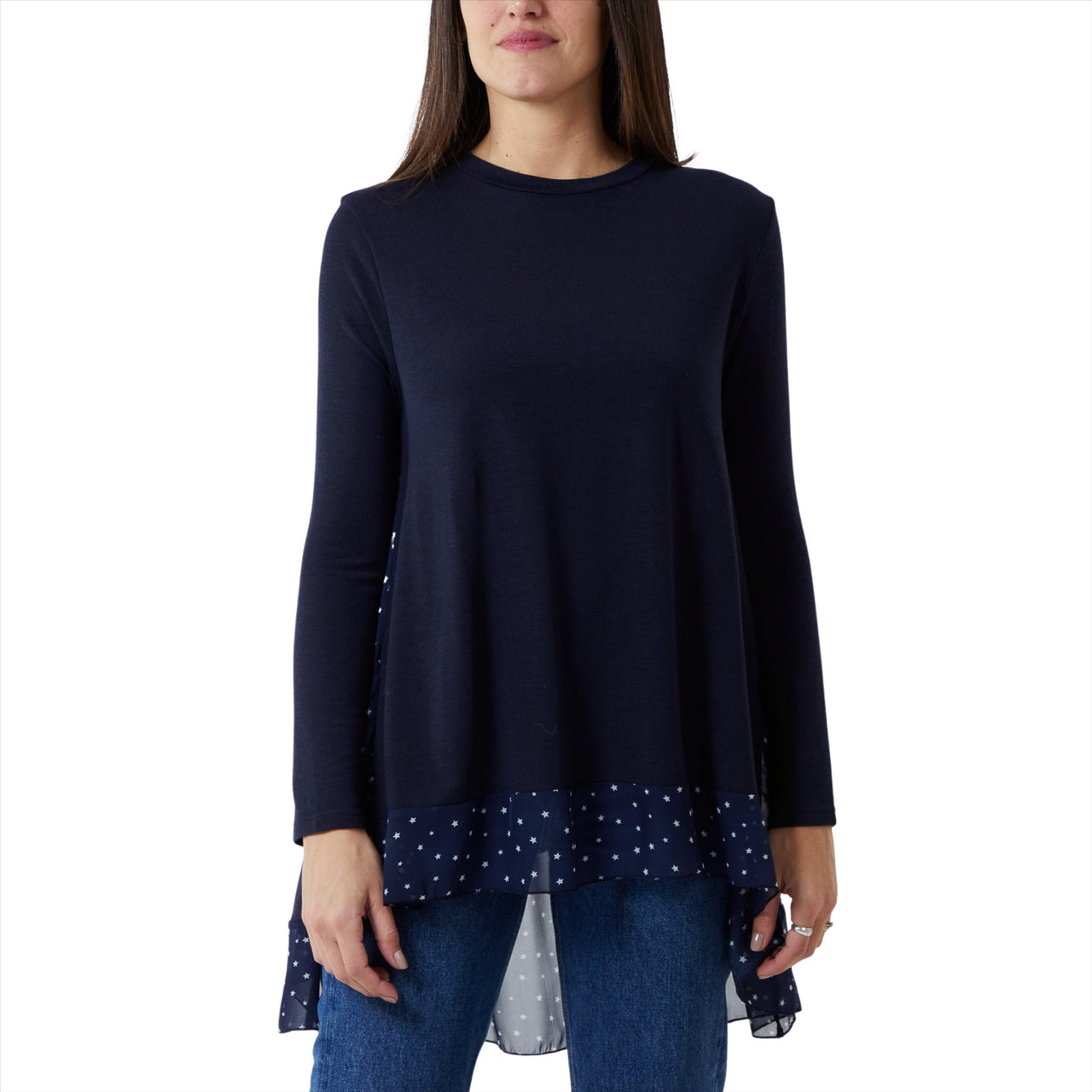 Star Print Chiffon Insert Tunic Top | Navy